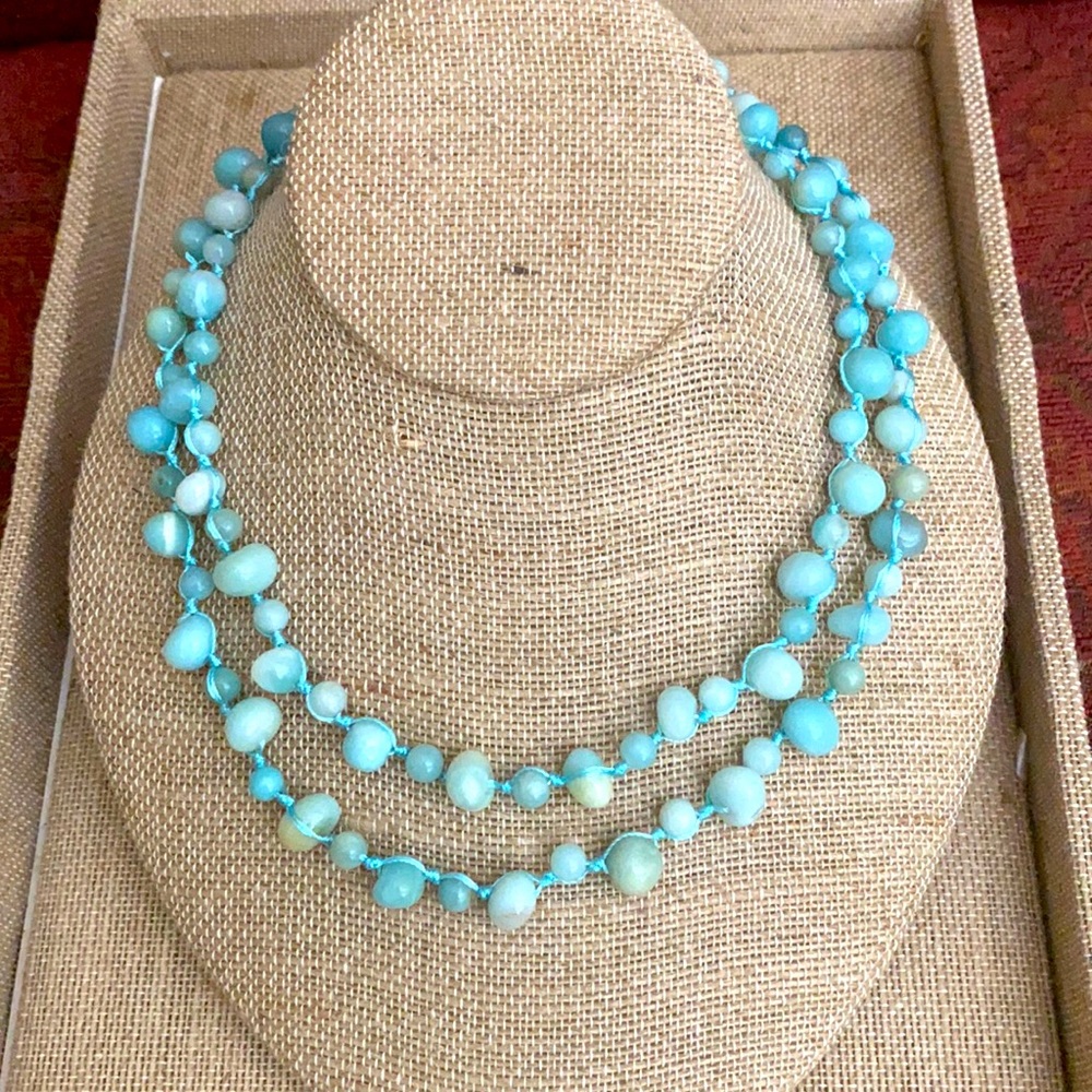 $185 Anthropologie NEW Amazonite Pebbles Crocheted Necklace ~ Boho 🌺 - Picture 4 of 5